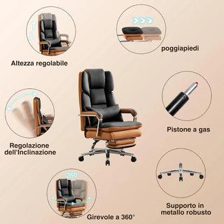 Sedia Poggiapiedi Ufficio Comoda Ergonomica Rotazione Inclinazione Colore Nero Ecopelle-INTERIOR DREAM DESIGN