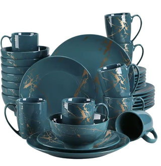 Set 16/32/48 Piatti Tazze Cucina Verde Blu Petrolio Ceramica Resistente Artigianato Stoviglie Alta Qualità - INTERIOR DREAM DESIGN