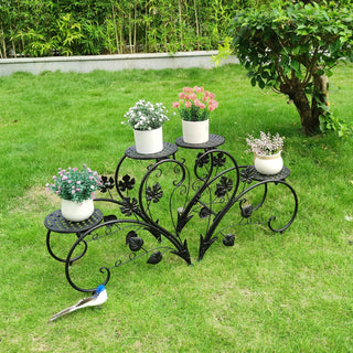 Set 2 Tavolini Esterno Metallo Bianco Nero Decorati Foglie Diametro Singolo Tavolino 17cm Arredamento Giardino - INTERIOR DREAM DESIGN