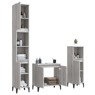 Set 3 Mobili Bagno Armadietto Mobile Lavaggio Lavandino Legno Metallo Grigio Accessori Arredamento Casa - INTERIOR DREAM DESIGN