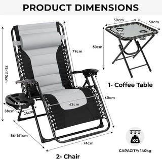 Set 3in1 Sedie Reclinabili Pieghevoli Sdraio Tavolino Accessori Arredamento Giardino Esterno Ferro Metallo Cotone Capacità Carico 140kg - INTERIOR DREAM DESIGN