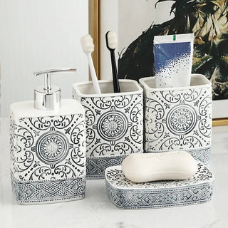 Set 4 Pezzi Accessori Bagno Bianco Con Dettagli Neri Ceramica Elegante-INTERIOR DREAM DESIGN