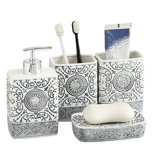 Set 4 Pezzi Accessori Bagno Bianco Con Dettagli Neri Ceramica Elegante-INTERIOR DREAM DESIGN