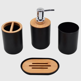 Set 4 Pezzi Accessori Bagno Porta Spazzolini Saponetta Dispenser Sapone Bicchiere Nero Bambù Plastica Arredamento Casa - INTERIOR DREAM DESIGN