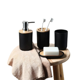 Set 4 Pezzi Accessori Bagno Porta Spazzolini Saponetta Dispenser Sapone Bicchiere Nero Bambù Plastica Arredamento Casa - INTERIOR DREAM DESIGN