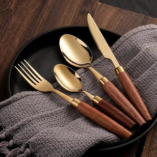 Set 4 Posate Cucina Manico Legno Parte Superiore Acciaio Inossidabile Oro Argento Accessori Casa - INTERIOR DREAM DESIGN