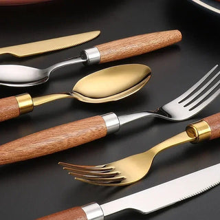 Set 4 Posate Cucina Manico Legno Parte Superiore Acciaio Inossidabile Oro Argento Accessori Casa - INTERIOR DREAM DESIGN