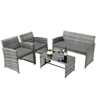 Set 4in1 Esterno Giardino 2 Poltrone 1 Divano 1 Tavolo Rattan Vetro Temperato Grigio Elegante Resistente Comodo Cuscini Imbottiti Accessori Arredamento - INTERIOR DREAM DESIGN