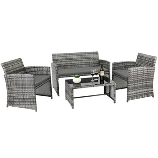 Set 4in1 Esterno Giardino 2 Poltrone 1 Divano 1 Tavolo Rattan Vetro Temperato Grigio Elegante Resistente Comodo Cuscini Imbottiti Accessori Arredamento - INTERIOR DREAM DESIGN