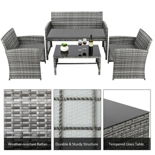 Set 4in1 Esterno Giardino 2 Poltrone 1 Divano 1 Tavolo Rattan Vetro Temperato Grigio Elegante Resistente Comodo Cuscini Imbottiti Accessori Arredamento - INTERIOR DREAM DESIGN