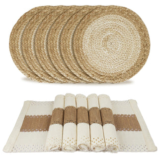 Set 6 Pezzi Rotondi Rettangolari Totale 12 Pezzi Cucina Tovagliette Colazione Cena Pranzo Rattan Paglia-INTERIOR DREAM DESIGN