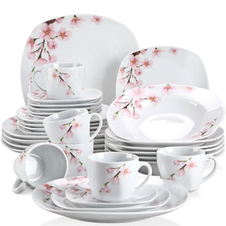 Set 6/12 Piatti Bicchieri Ceramica Porcellana Design Bianco Fiori Rosa Tazze Arredamento Cucina - INTERIOR DREAM DESIGN