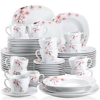 Set 6/12 Piatti Bicchieri Ceramica Porcellana Design Bianco Fiori Rosa Tazze Arredamento Cucina - INTERIOR DREAM DESIGN