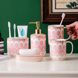 Set Accessori Bagno Colore Rosa 5 Pezzi Incluso Tazze Dispenser Porta Spazzolini Sapone-INTERIOR DREAM DESIGN