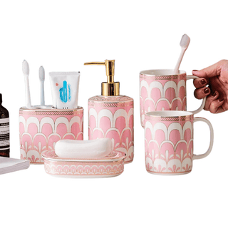 Set Accessori Bagno Colore Rosa 5 Pezzi Incluso Tazze Dispenser Porta Spazzolini Sapone-INTERIOR DREAM DESIGN