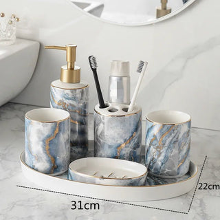 Set Accessori Bagno Effetto Marmo Azzurro 6 Pezzi Ceramica Elegante Casa-INTERIOR DREAM DESIGN