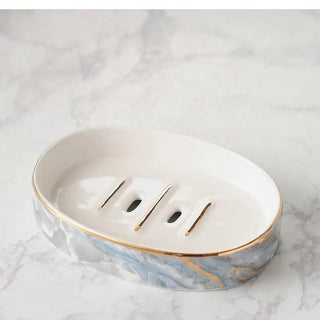 Set Accessori Bagno Effetto Marmo Azzurro 6 Pezzi Ceramica Elegante Casa-INTERIOR DREAM DESIGN