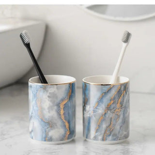 Set Accessori Bagno Effetto Marmo Azzurro 6 Pezzi Ceramica Elegante Casa-INTERIOR DREAM DESIGN