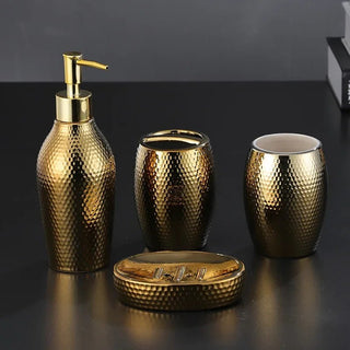 Set Accessori Bagno Oro 4 Pezzi Ceramica Spazzolino Saponetta Sapone Bicchiere Dispenser Arredamento Casa - INTERIOR DREAM DESIGN