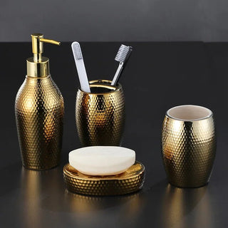 Set Accessori Bagno Oro 4 Pezzi Ceramica Spazzolino Saponetta Sapone Bicchiere Dispenser Arredamento Casa - INTERIOR DREAM DESIGN