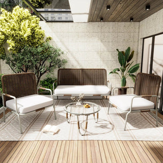 Set Elegante 4in1 Giardino Esterno 1 Divano 2 Poltrone 1 Tavolino Rattan Metallo Vetro Temperato Beige Marrone Design Elegante Raffinato Arredamento Casa - INTERIOR DREAM DESIGN