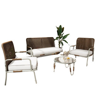 Set Elegante 4in1 Giardino Esterno 1 Divano 2 Poltrone 1 Tavolino Rattan Metallo Vetro Temperato Beige Marrone Design Elegante Raffinato Arredamento Casa - INTERIOR DREAM DESIGN