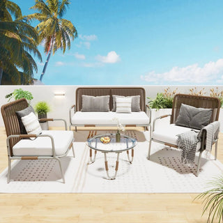 Set Elegante 4in1 Giardino Esterno 1 Divano 2 Poltrone 1 Tavolino Rattan Metallo Vetro Temperato Beige Marrone Design Elegante Raffinato Arredamento Casa - INTERIOR DREAM DESIGN