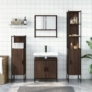 Set Mobili Bagno Lavandino Specchio Cassetti Armadio Diversi Modelli Pezzi Colore Marrone Acciaio Legno Vetro Arredamento Casa - INTERIOR DREAM DESIGN