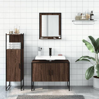 Set Mobili Bagno Lavandino Specchio Cassetti Armadio Diversi Modelli Pezzi Colore Marrone Acciaio Legno Vetro Arredamento Casa - INTERIOR DREAM DESIGN