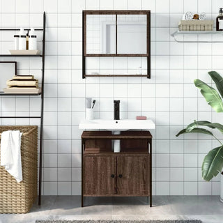 Set Mobili Bagno Lavandino Specchio Cassetti Armadio Diversi Modelli Pezzi Colore Marrone Acciaio Legno Vetro Arredamento Casa - INTERIOR DREAM DESIGN