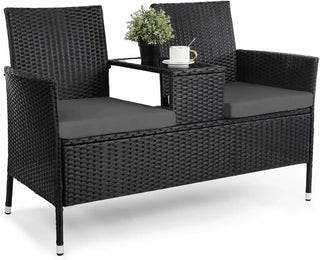 Set Panca 2 Sedute Divanetto Giardino Esterno Tavolino Incorporato Ottimizzazione Spazi Rattan Vetro Temperato Ferro Arredamento - INTERIOR DREAM DESIGN