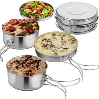 Set Pentole Campeggio 4 Pezzi Totali Pieghevoli Acciaio Inossidabile Colore Argento Silver Cucina - INTERIOR DREAM DESIGN