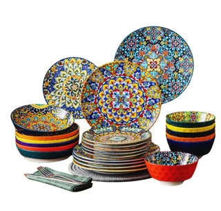 Set Piatti Bohémien Ceramica Fantasia Multicolore 6 Pezzi Fondi Piani Dessert Ciotole Accessori Casa Cucina - INTERIOR DREAM DESIGN