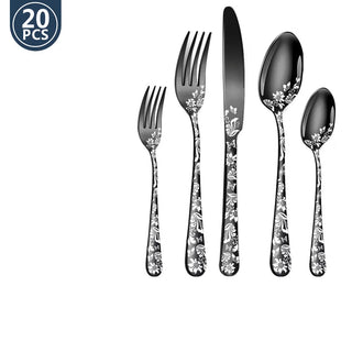 Set Posate 2O Pezzi Materiale Metallo Design Floreale Argento Nero Decorazione Tavolo-INTERIOR DREAM DESIGN