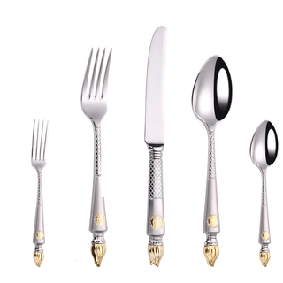 Set Posate Diversi Pezzi 10/15/20 Colore Argento Dettagli Oro Eleganti Resistenti Cucina Stoviglie Acciaio Inox-INTERIOR DREAM DESIGN