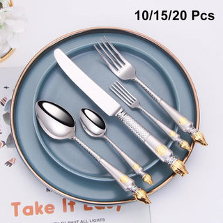 Set Posate Diversi Pezzi 10/15/20 Colore Argento Dettagli Oro Eleganti Resistenti Cucina Stoviglie Acciaio Inox-INTERIOR DREAM DESIGN
