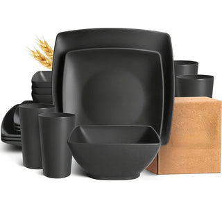 Set Stoviglie Nere Quadrate Plastica Dura 16/32 Pezzi Decorazione Cucina Piatti Bicchieri-INTERIOR DREAM DESIGN
