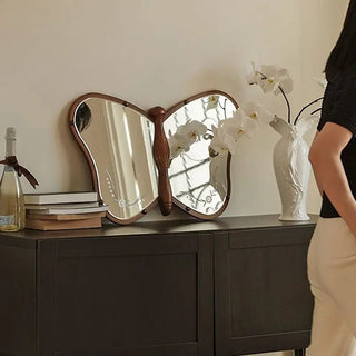 Specchio Forma Farfalla Marrone Scuro Legno Design Innovativo Parete-INTERIOR DREAM DESIGN