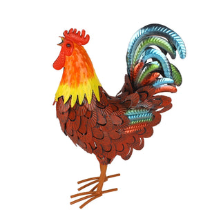 Statuetta Gallo Metallo Esterno Giardino Bianco Rosso Fantasioso Scultura Aperto Artistico-INTERIOR DREAM DESIGN