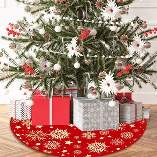 Tappetino Albero Natale Decori Oro Base Rossa Design Fiocco Neve 90cm Diametro Arredamento Decorazione Casa Natalizio - INTERIOR DREAM DESIGN