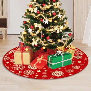 Tappetino Albero Natale Decori Oro Base Rossa Design Fiocco Neve 90cm Diametro Arredamento Decorazione Casa Natalizio - INTERIOR DREAM DESIGN