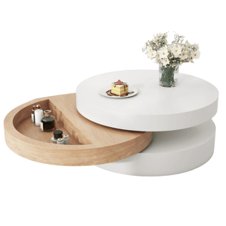 Tavolino Salotto Rotondo Strati Cassetto Rotazione Girevole Legno Casa Arredamento Innovativo-INTERIOR DREAM DESIGN