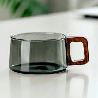 Tazza In Vetro Moderna Resistente Calore Capacità 200ml Design Nuovo Con Manico Vassoio Legno Decorazione Cucina - INTERIOR DREAM DESIGN