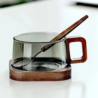 Tazza In Vetro Moderna Resistente Calore Capacità 200ml Design Nuovo Con Manico Vassoio Legno Decorazione Cucina - INTERIOR DREAM DESIGN