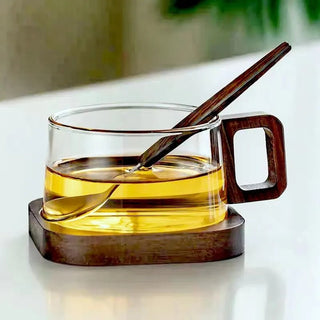 Tazza In Vetro Moderna Resistente Calore Capacità 200ml Design Nuovo Con Manico Vassoio Legno Decorazione Cucina - INTERIOR DREAM DESIGN