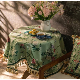 Tovaglia Rotonda Verde Nappe Decorative Motivo Floreale Velluto Cotone Arredamento Casa Cucina Evento-INTERIOR DREAM DESIGN