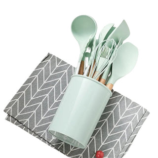 Utensili Cucina Mestoli Pinze Frusta Spatola Diversi Colori Set 12 Pezzi Silicone Legno Resistenti Accessori Casa - INTERIOR DREAM DESIGN