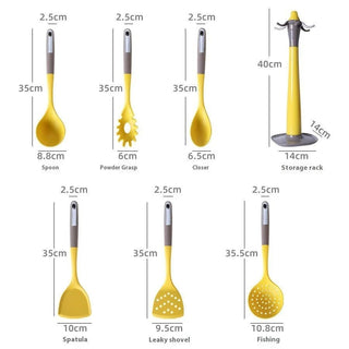 Utensili Cucina Mestolo Cucchiaio Forchetta Diversi Colori Silicone Giallo Azzurro 7 Pezzi Base Inclusa-INTERIOR DREAM DESIGN