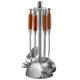 Utensili Cucina Set 6/7 Pezzi Base Acciaio Inossidabile Dettagli Legno Utile Casa-INTERIOR DREAM DESIGN