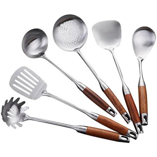 Utensili Cucina Set 6/7 Pezzi Base Acciaio Inossidabile Dettagli Legno Utile Casa-INTERIOR DREAM DESIGN